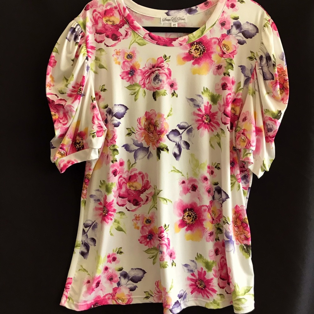 Cap sleeve flowery blouse 2X